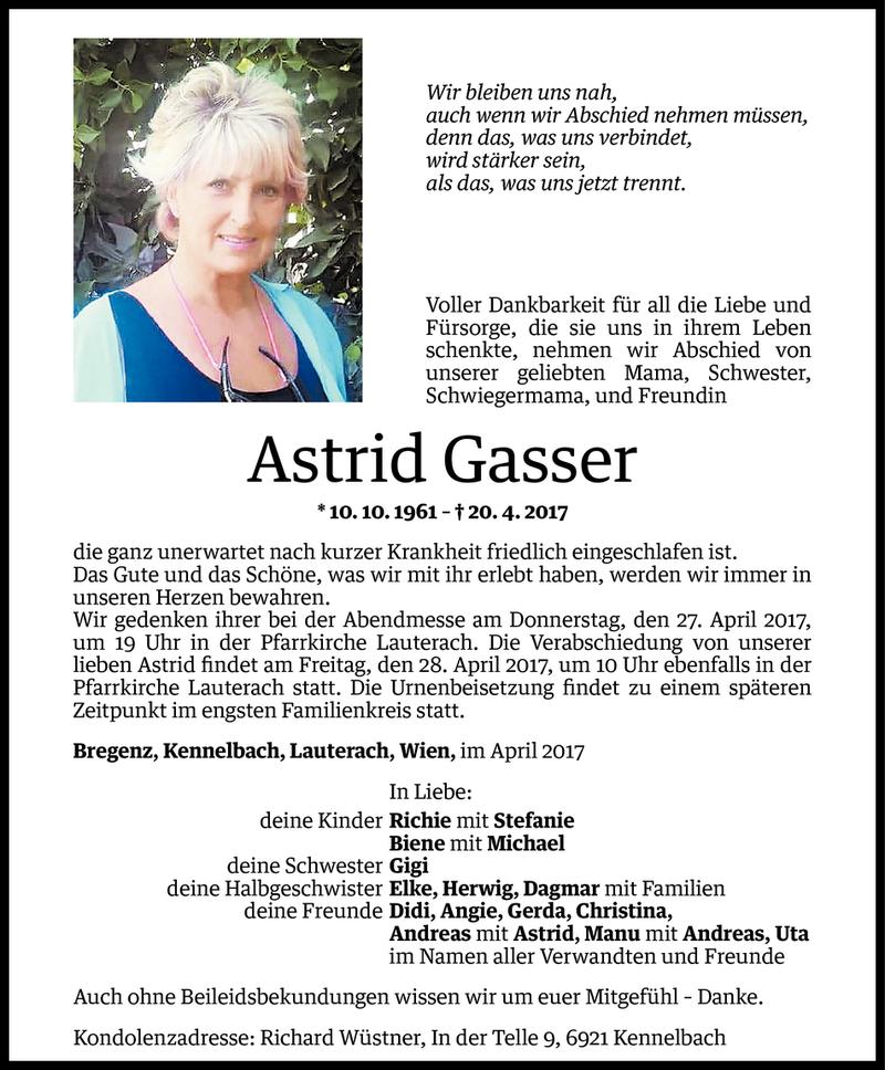  Todesanzeige für Astrid Gasser vom 24.04.2017 aus Vorarlberger Nachrichten