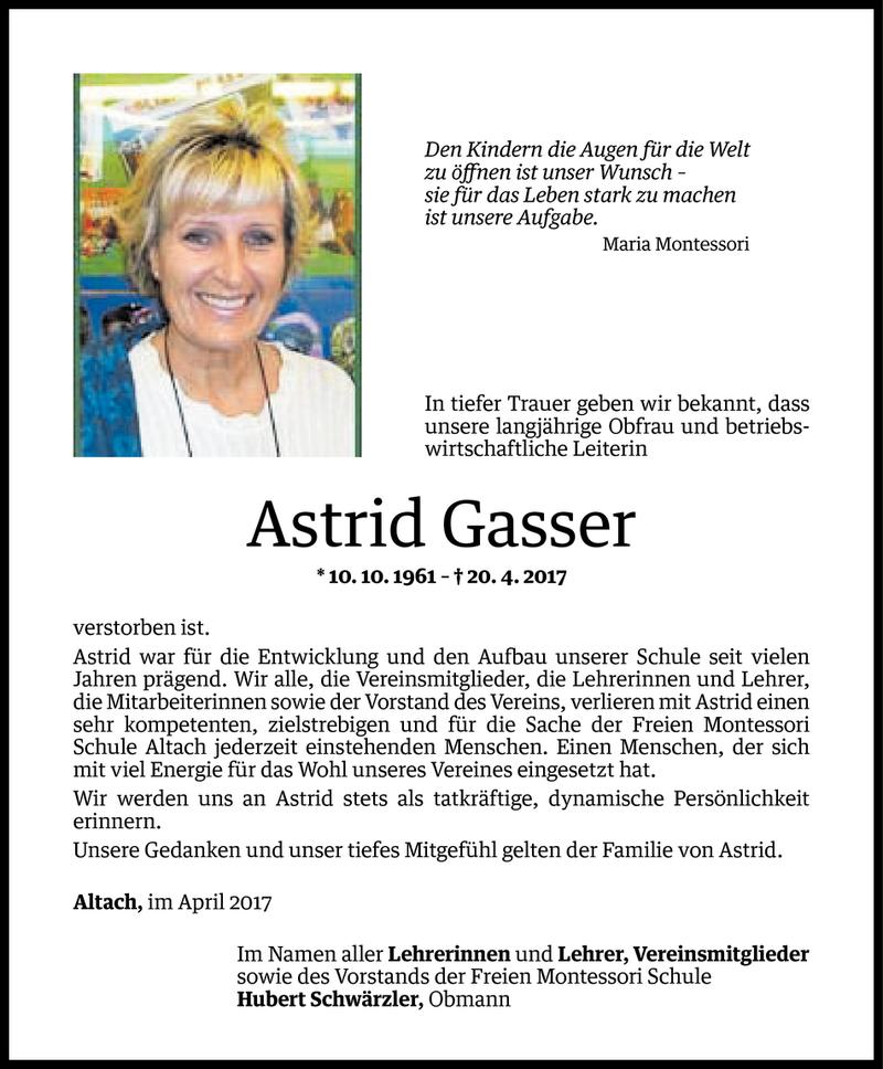  Todesanzeige für Astrid Gasser vom 24.04.2017 aus Vorarlberger Nachrichten