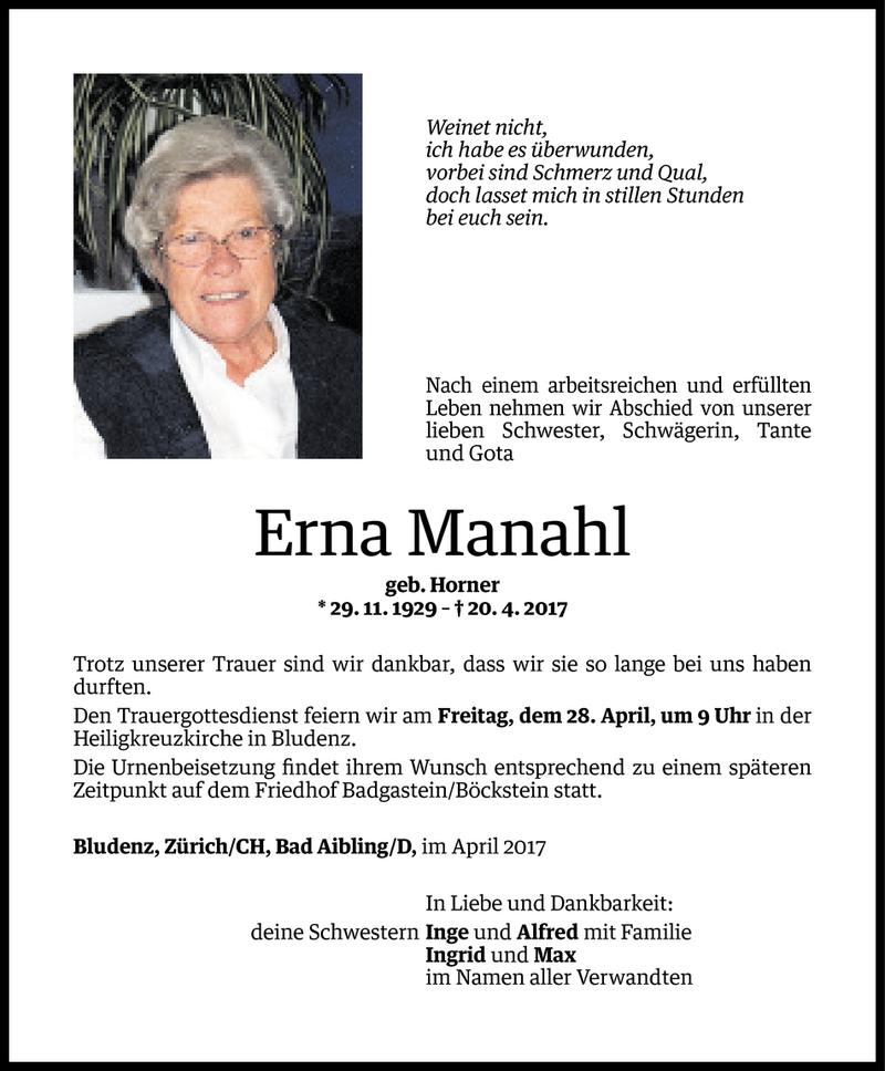  Todesanzeige für Erna Manahl vom 26.04.2017 aus Vorarlberger Nachrichten