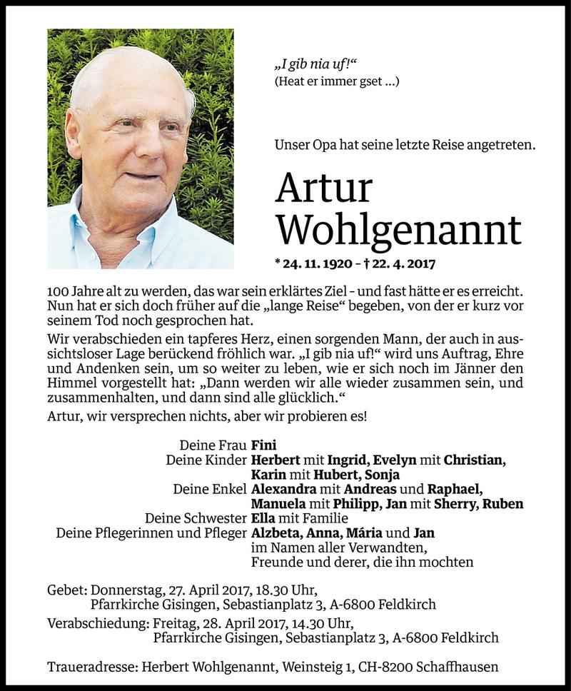  Todesanzeige für Artur Wohlgenannt vom 25.04.2017 aus Vorarlberger Nachrichten