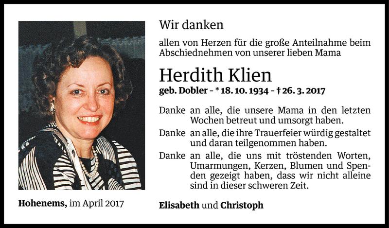  Todesanzeige für Herdith Klien vom 26.04.2017 aus Vorarlberger Nachrichten