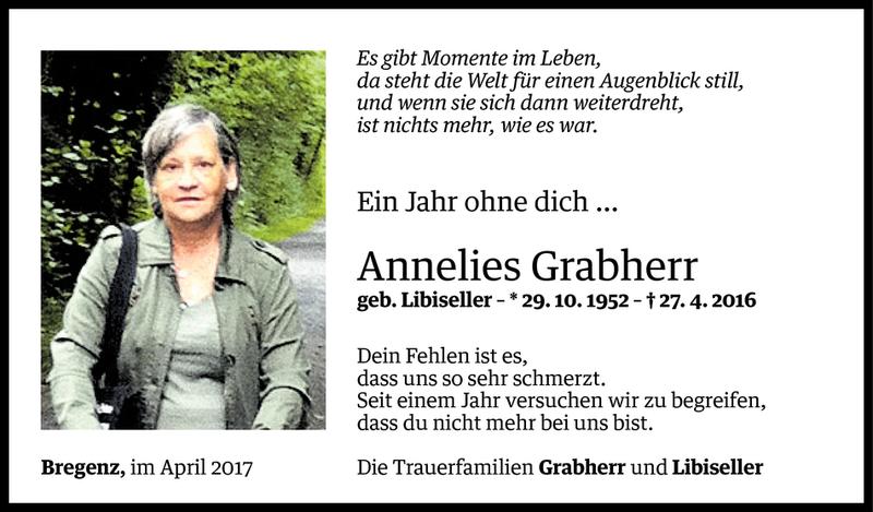  Todesanzeige für Anneliese Grabherr vom 26.04.2017 aus Vorarlberger Nachrichten