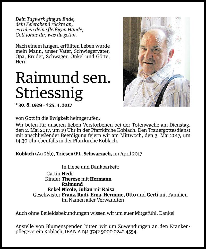  Todesanzeige für Raimund Striessnig vom 28.04.2017 aus Vorarlberger Nachrichten