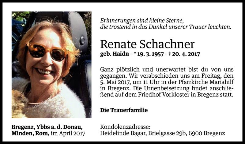  Todesanzeige für Renate Schachner vom 03.05.2017 aus Vorarlberger Nachrichten