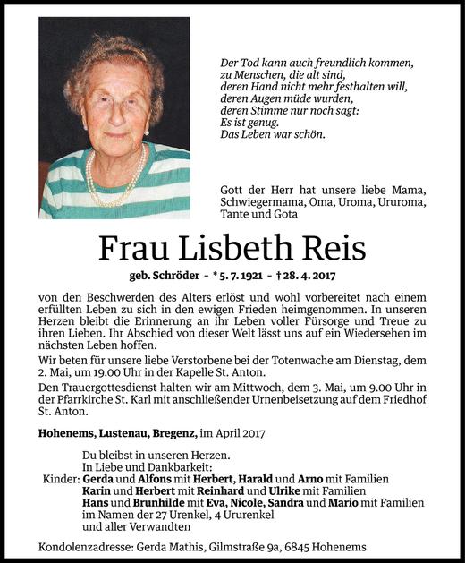 Todesanzeige von Lisbeth Reis von Vorarlberger Nachrichten