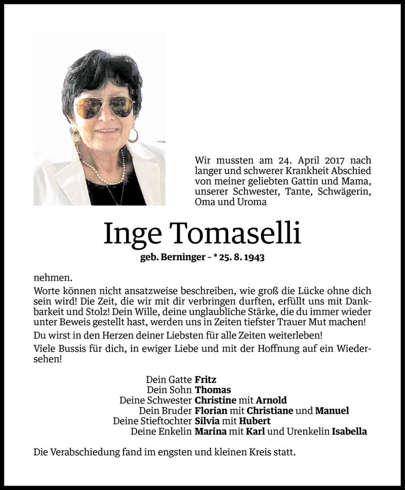  Todesanzeige für Inge Tomaselli vom 02.05.2017 aus Vorarlberger Nachrichten