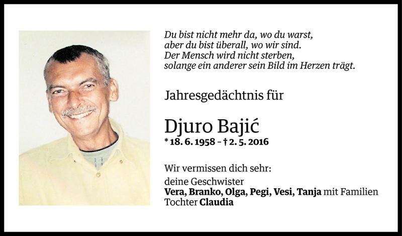  Todesanzeige für Djuro Bajic vom 01.05.2017 aus Vorarlberger Nachrichten