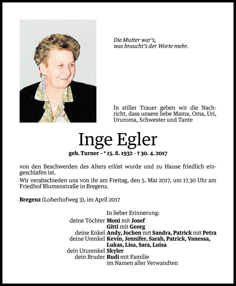  Todesanzeige für Inge Egler vom 02.05.2017 aus Vorarlberger Nachrichten