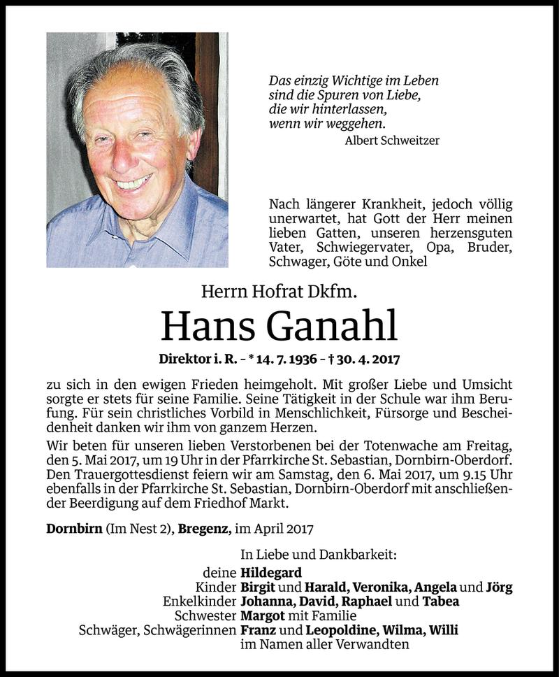  Todesanzeige für Hans Ganahl vom 02.05.2017 aus Vorarlberger Nachrichten