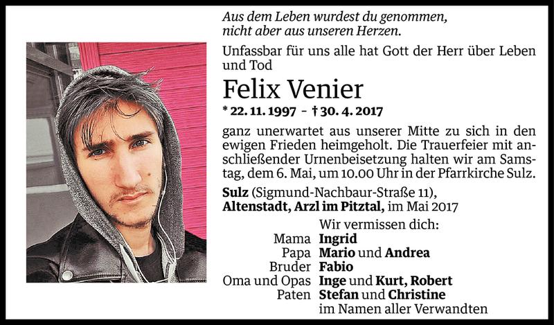  Todesanzeige für Felix Venier vom 03.05.2017 aus Vorarlberger Nachrichten