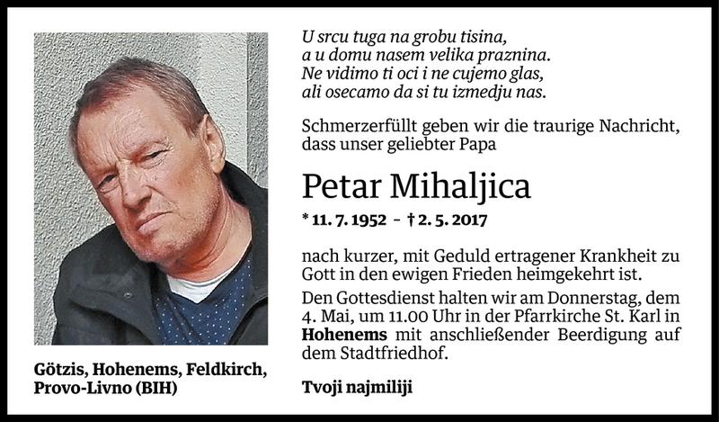  Todesanzeige für Petar Mihaljica vom 03.05.2017 aus Vorarlberger Nachrichten