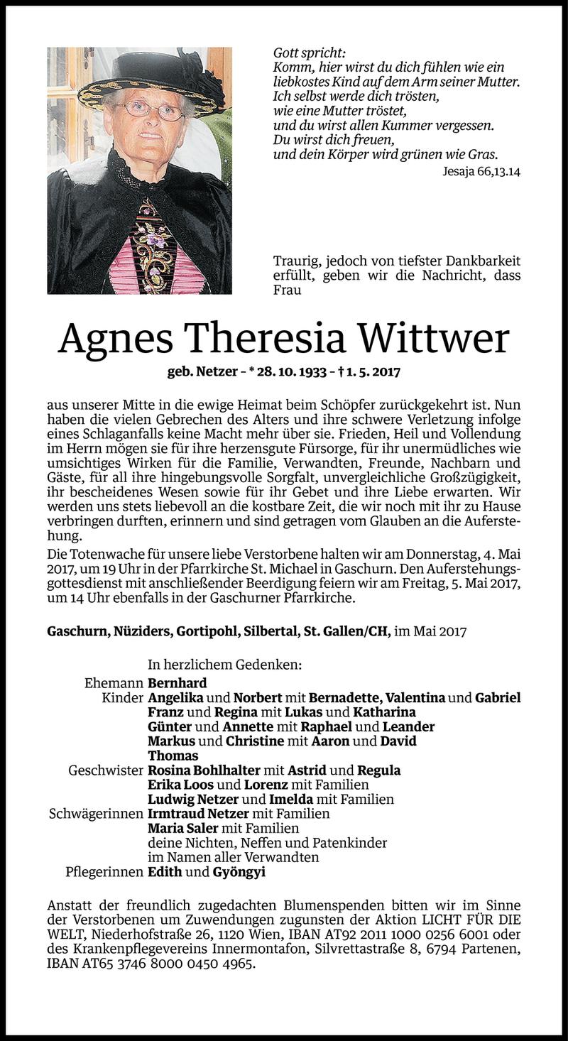  Todesanzeige für Agnes Theresia Wittwer vom 03.05.2017 aus Vorarlberger Nachrichten
