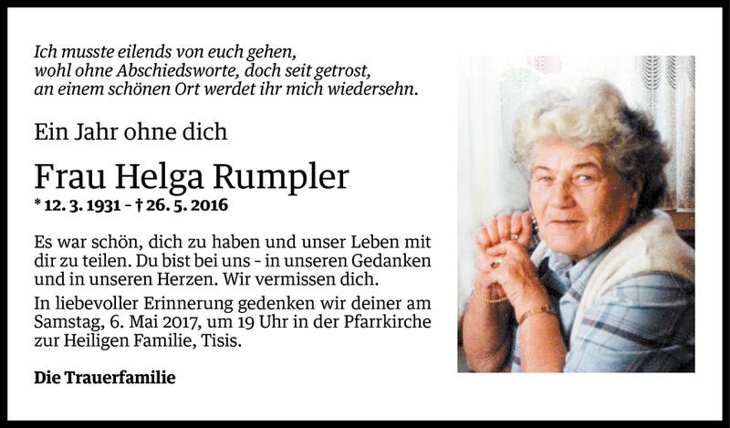  Todesanzeige für Helga Rumpler vom 03.05.2017 aus Vorarlberger Nachrichten