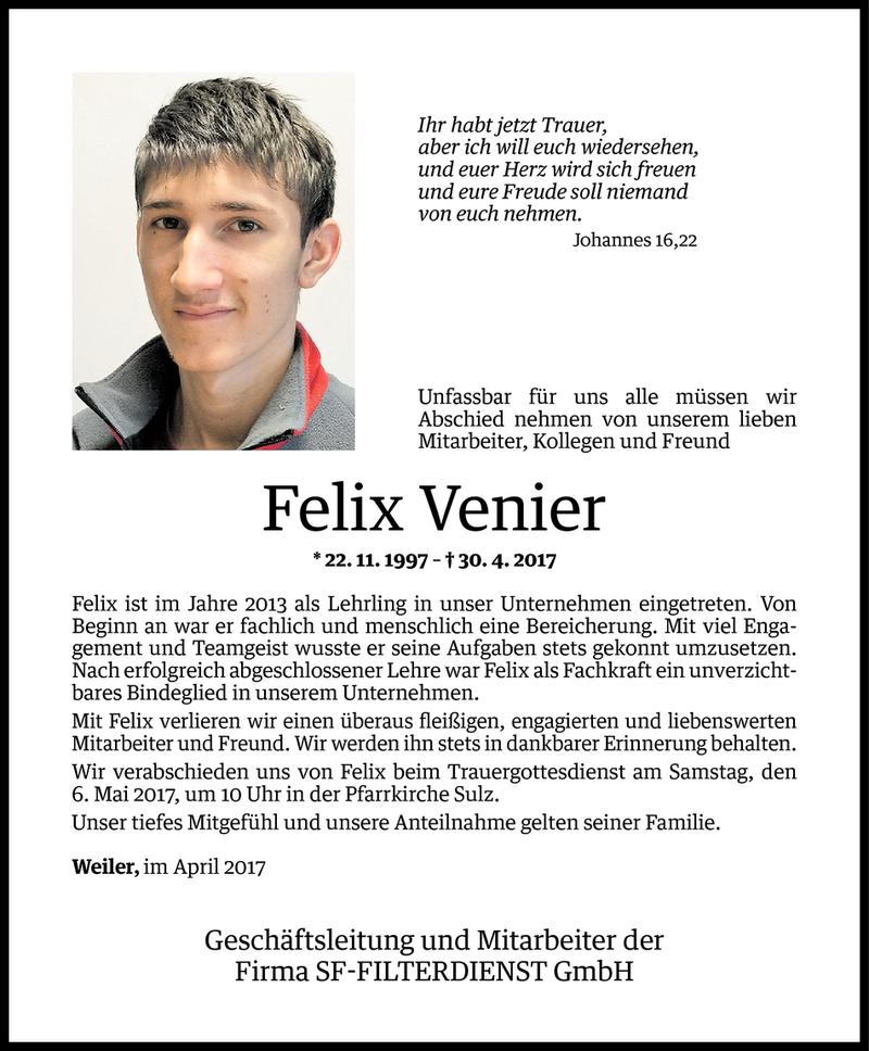  Todesanzeige für Felix Venier vom 03.05.2017 aus Vorarlberger Nachrichten