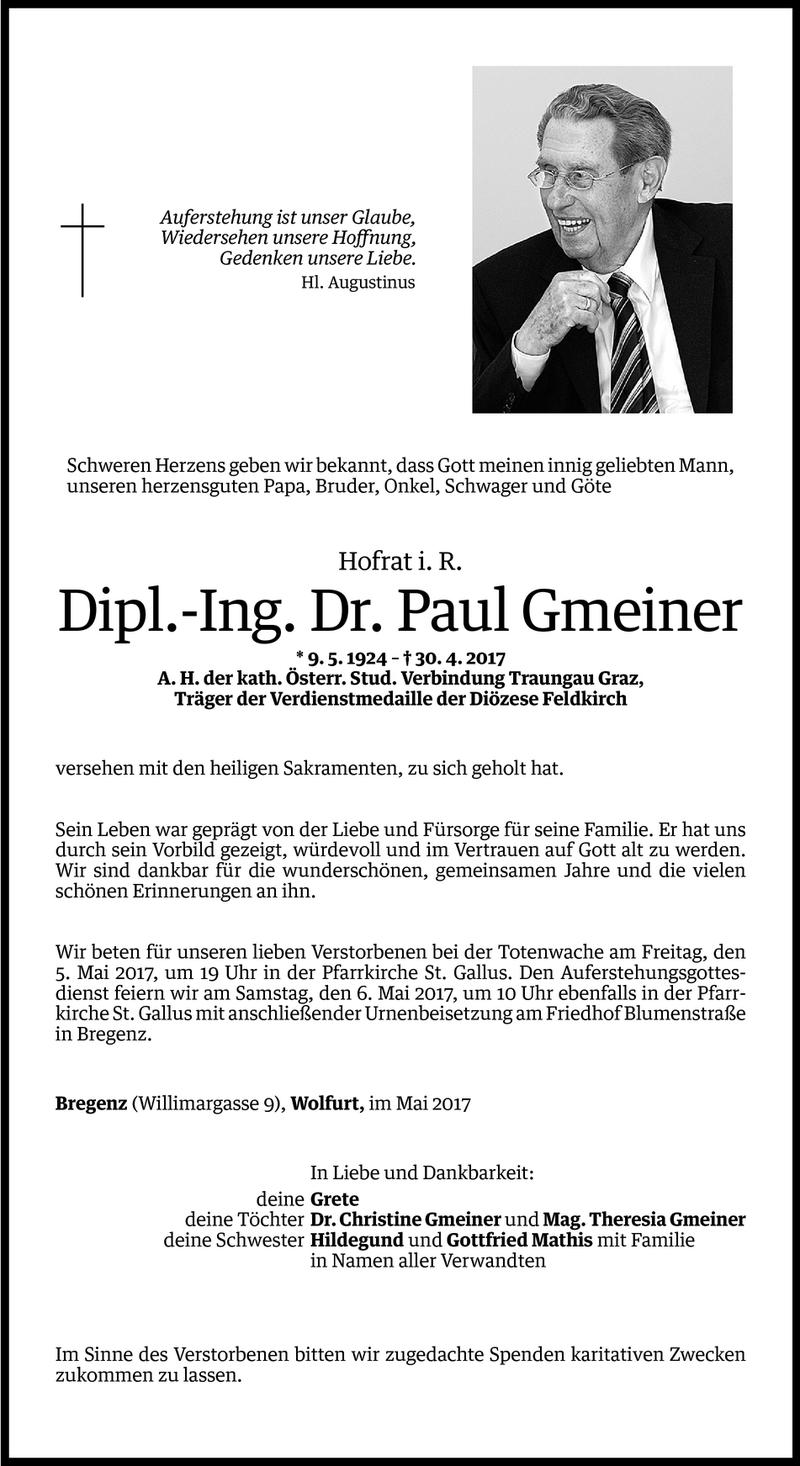  Todesanzeige für Paul Gmeiner vom 03.05.2017 aus Vorarlberger Nachrichten