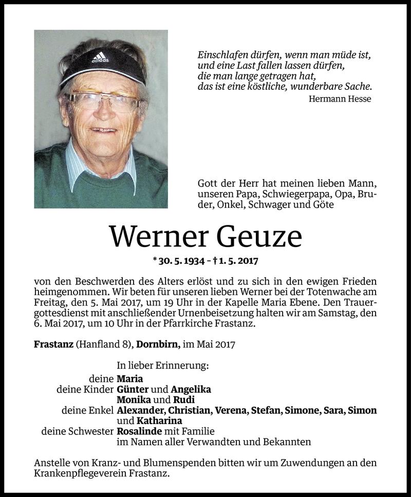  Todesanzeige für Werner Geuze vom 03.05.2017 aus Vorarlberger Nachrichten