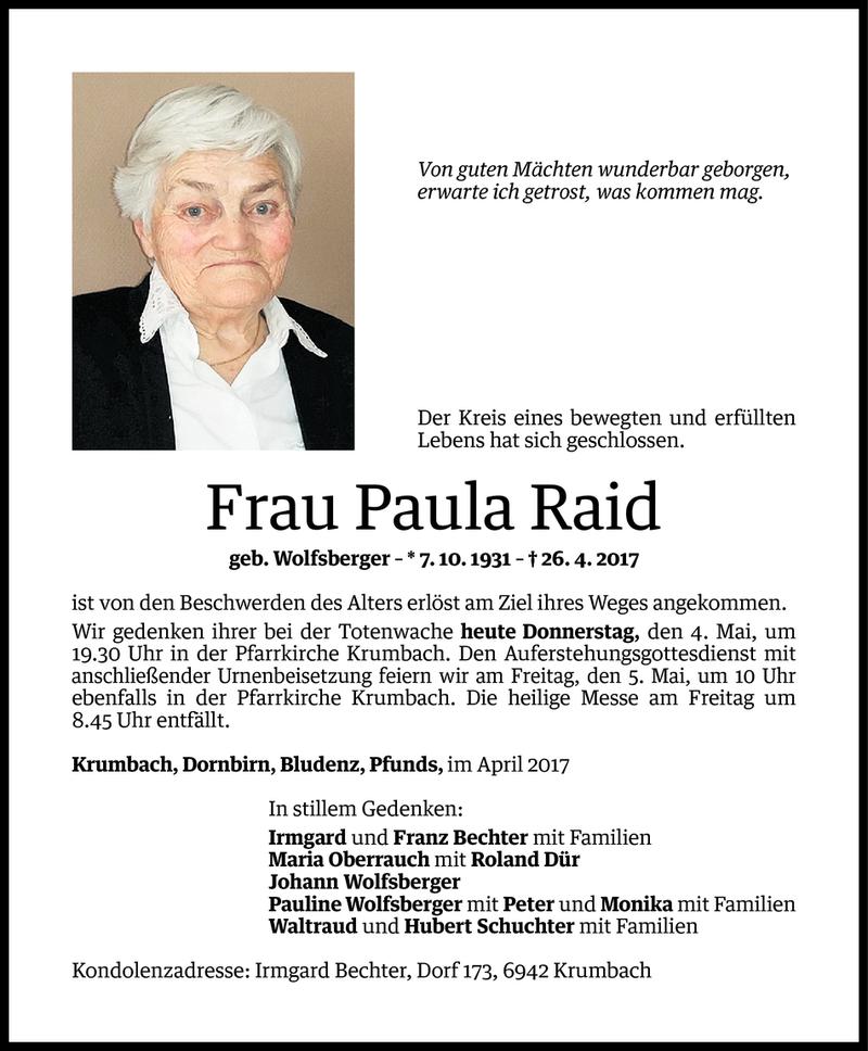  Todesanzeige für Paula Raid vom 03.05.2017 aus Vorarlberger Nachrichten