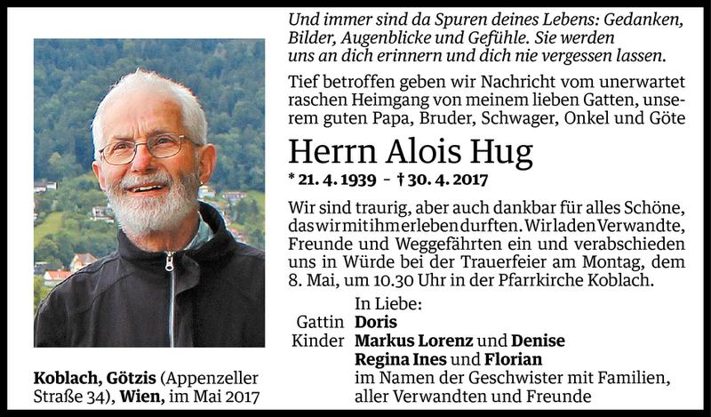  Todesanzeige für Alois Hug vom 04.05.2017 aus Vorarlberger Nachrichten