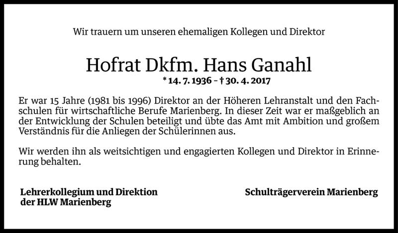  Todesanzeige für Hans Ganahl vom 03.05.2017 aus Vorarlberger Nachrichten