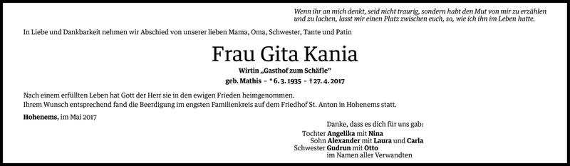  Todesanzeige für Gita Kania vom 05.05.2017 aus Vorarlberger Nachrichten