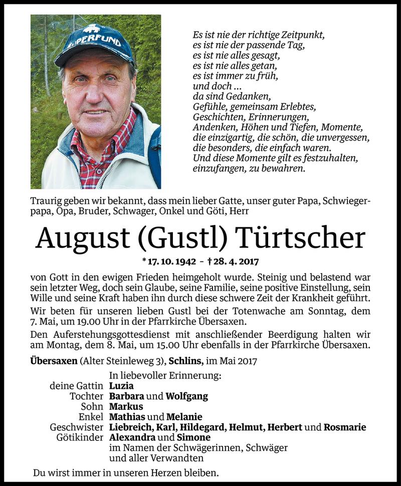  Todesanzeige für August Türtscher vom 05.05.2017 aus Vorarlberger Nachrichten