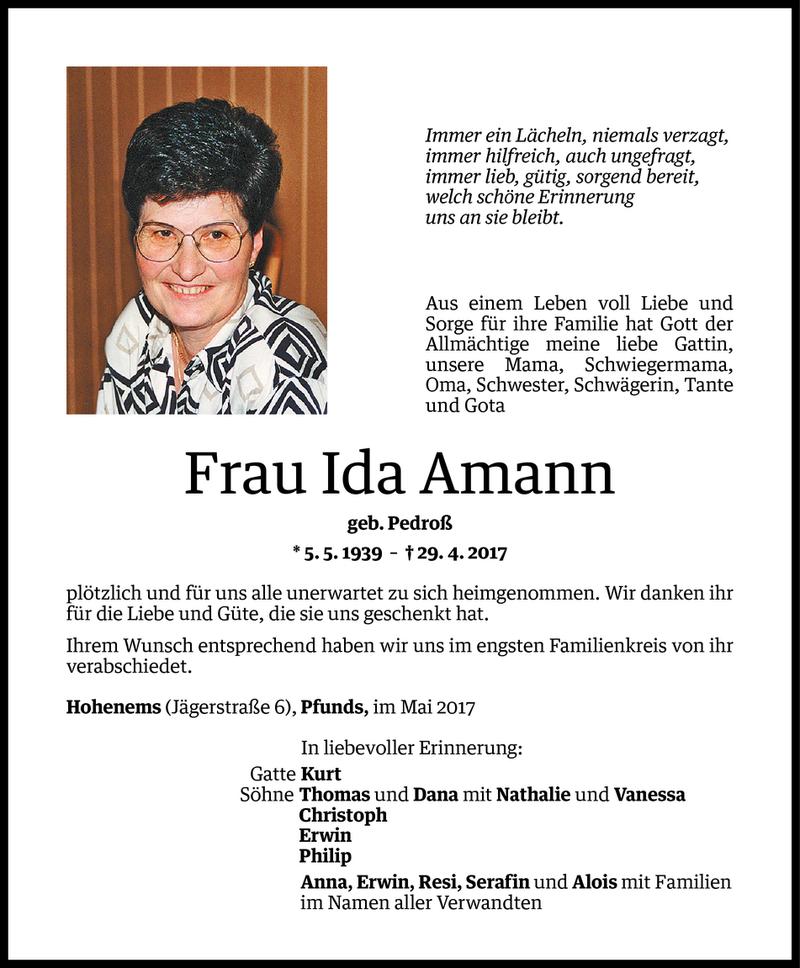  Todesanzeige für Ida Amann vom 06.05.2017 aus Vorarlberger Nachrichten