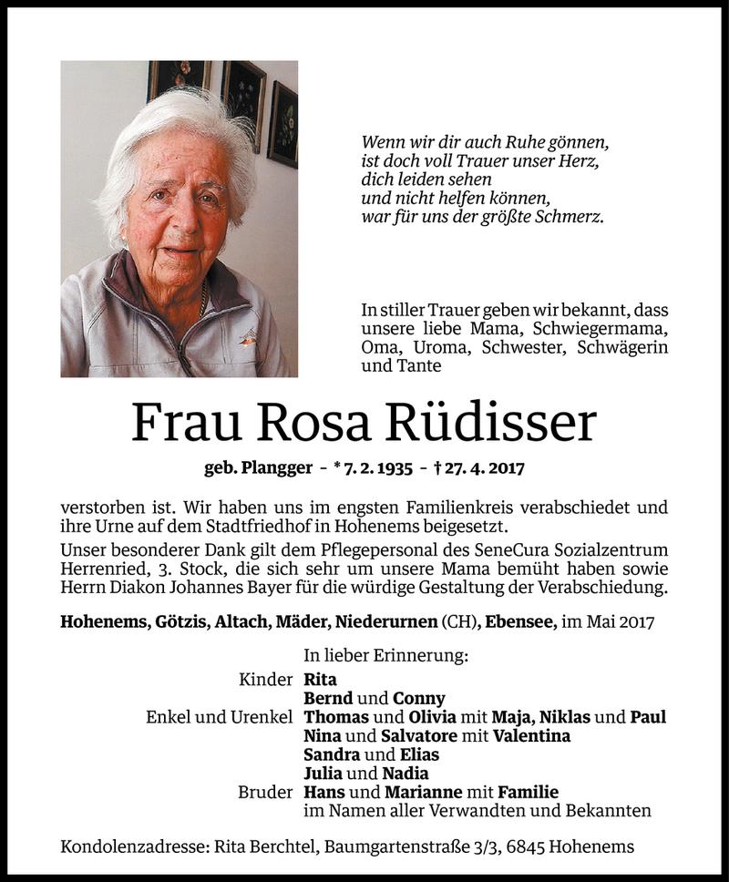  Todesanzeige für Rosa Rüdisser vom 06.05.2017 aus Vorarlberger Nachrichten