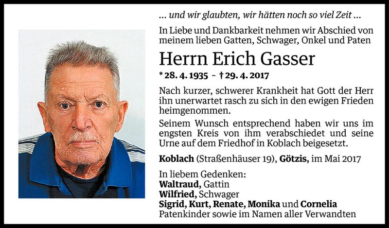  Todesanzeige für Erich Gasser vom 06.05.2017 aus Vorarlberger Nachrichten