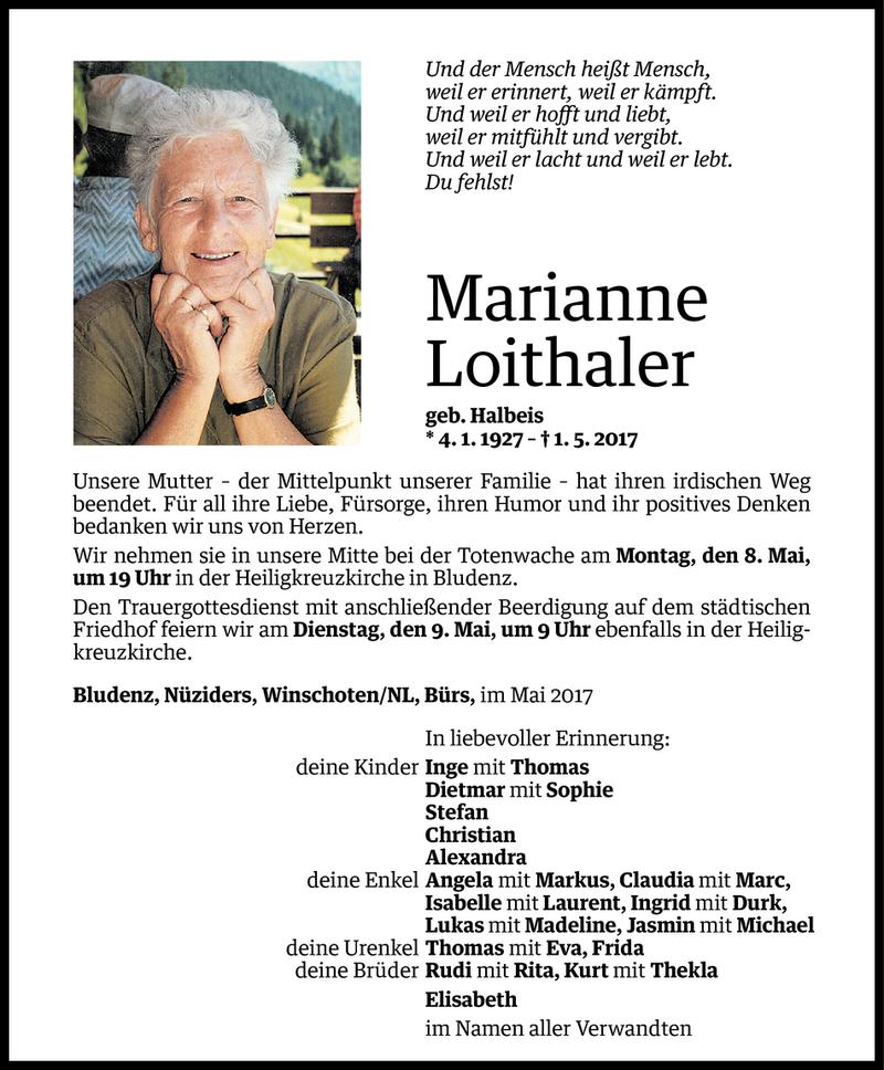  Todesanzeige für Marianne Loithaler vom 06.05.2017 aus Vorarlberger Nachrichten