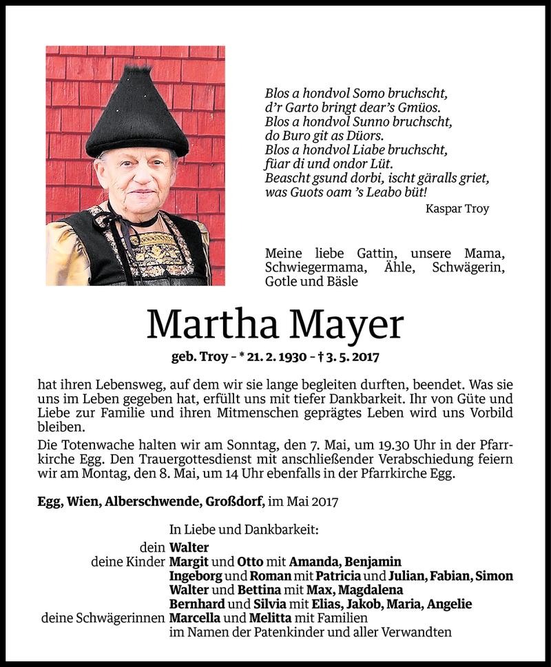  Todesanzeige für Martha Mayer vom 04.05.2017 aus Vorarlberger Nachrichten