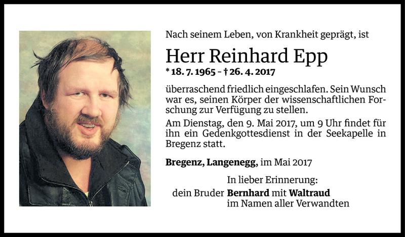 Todesanzeige für Reinhard Epp vom 04.05.2017 aus Vorarlberger Nachrichten