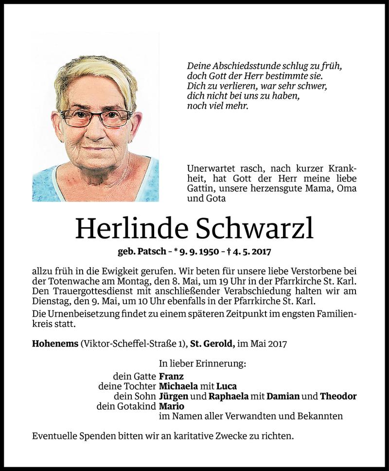  Todesanzeige für Herlinde Schwarzl vom 05.05.2017 aus Vorarlberger Nachrichten
