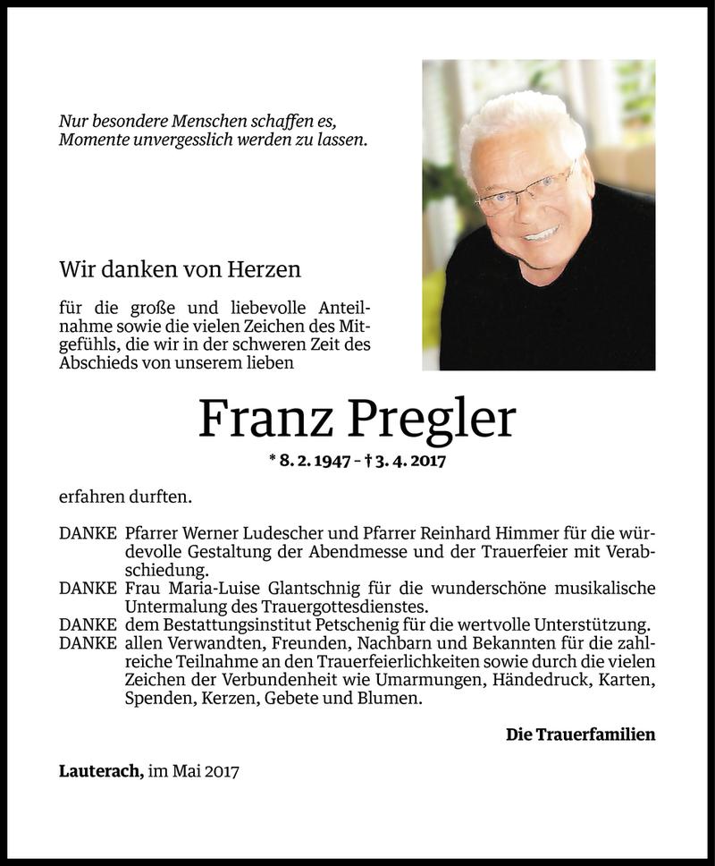  Todesanzeige für Franz Pregler vom 05.05.2017 aus Vorarlberger Nachrichten