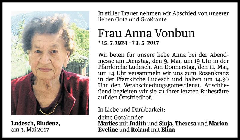  Todesanzeige für Anna Vonbun vom 05.05.2017 aus Vorarlberger Nachrichten