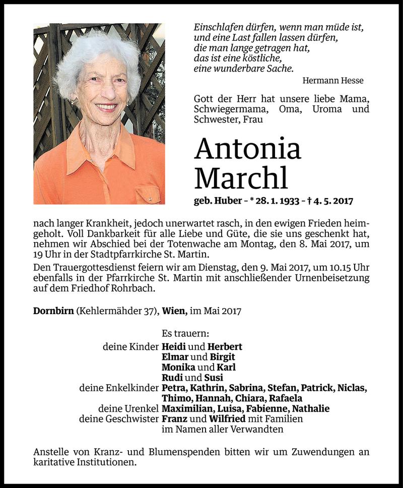  Todesanzeige für Antonia Marchl vom 05.05.2017 aus Vorarlberger Nachrichten