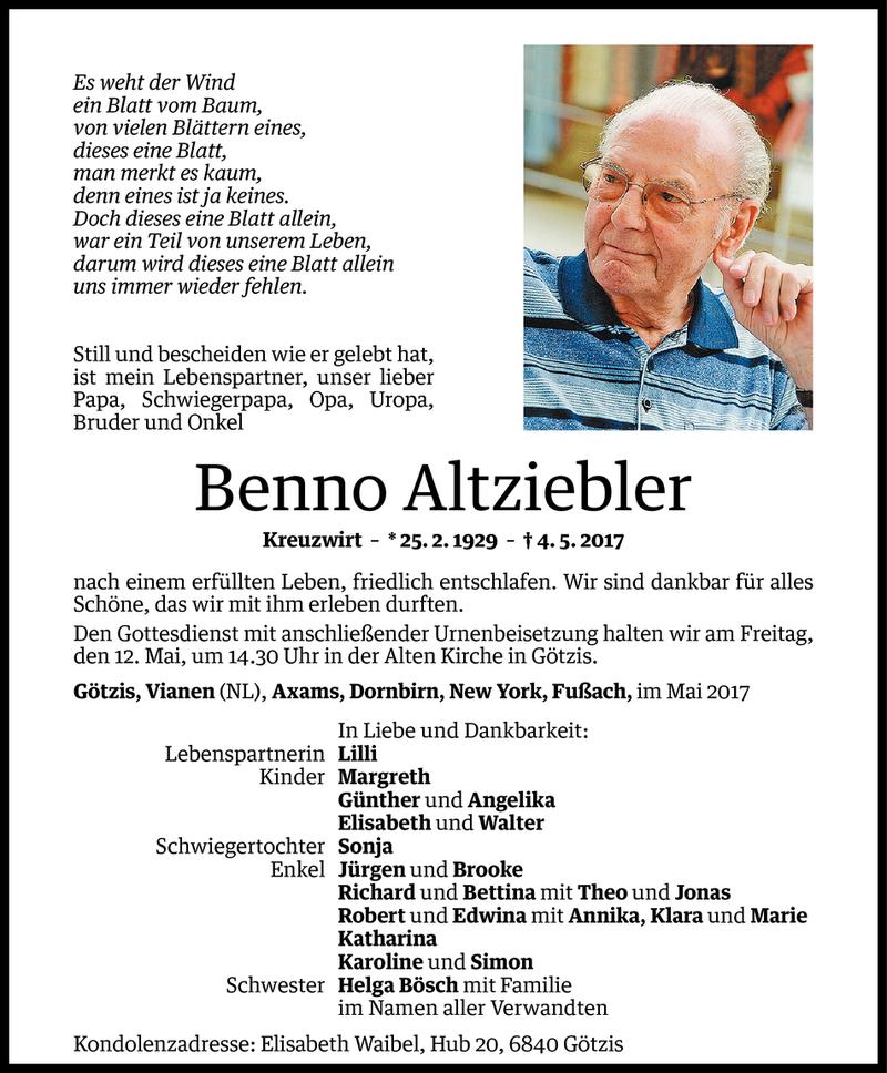  Todesanzeige für Benno Altziebler vom 10.05.2017 aus Vorarlberger Nachrichten