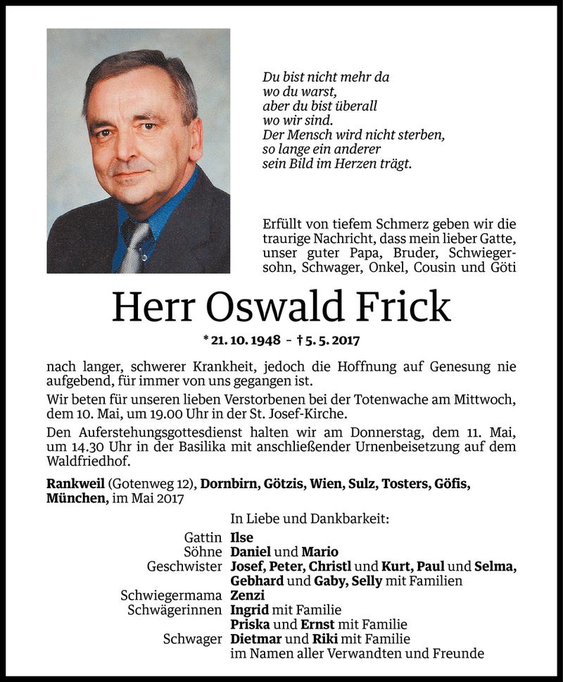  Todesanzeige für Oswald Frick vom 08.05.2017 aus Vorarlberger Nachrichten