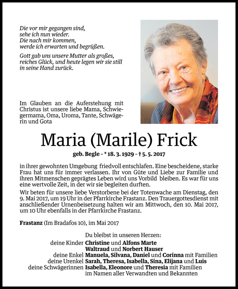  Todesanzeige für Maria Frick vom 07.05.2017 aus Vorarlberger Nachrichten