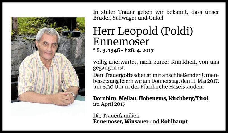  Todesanzeige für Leopold Ennemoser vom 07.05.2017 aus Vorarlberger Nachrichten