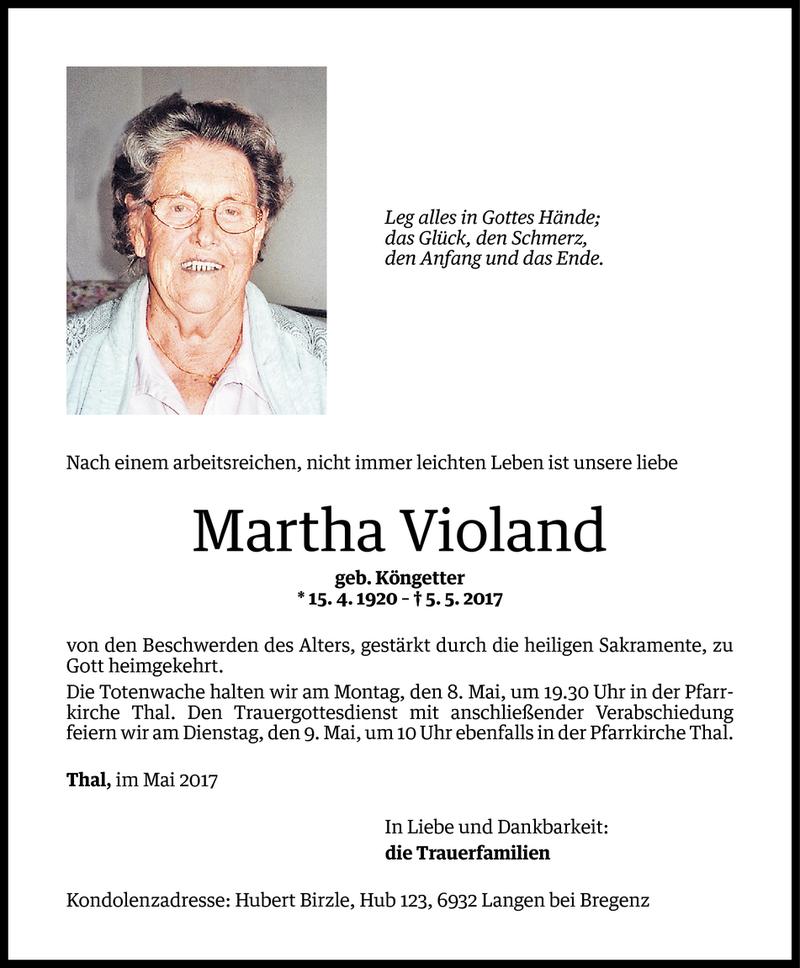  Todesanzeige für Martha Violand vom 07.05.2017 aus Vorarlberger Nachrichten