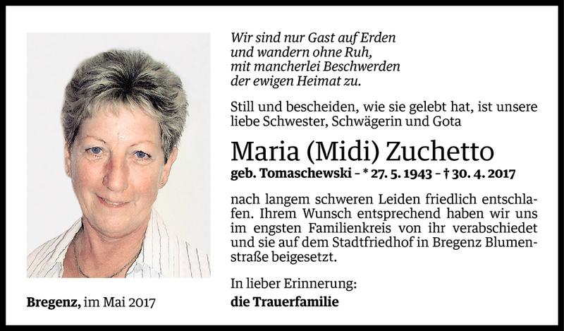  Todesanzeige für Maria Zuchetto vom 10.05.2017 aus Vorarlberger Nachrichten