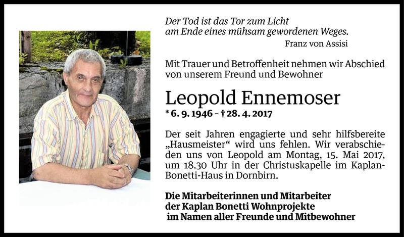  Todesanzeige für Leopold Ennemoser vom 08.05.2017 aus Vorarlberger Nachrichten