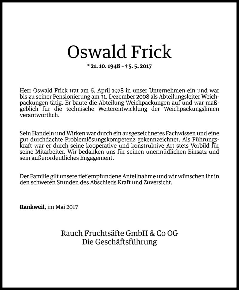  Todesanzeige für Oswald Frick vom 08.05.2017 aus Vorarlberger Nachrichten