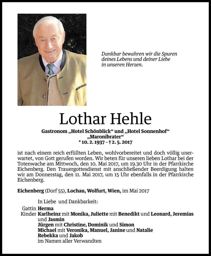  Todesanzeige für Lothar Hehle vom 08.05.2017 aus Vorarlberger Nachrichten