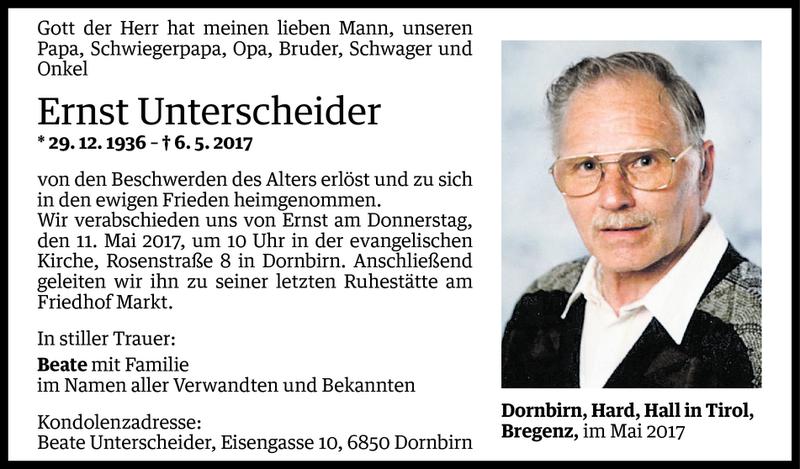  Todesanzeige für Ernst Unterscheider vom 08.05.2017 aus Vorarlberger Nachrichten