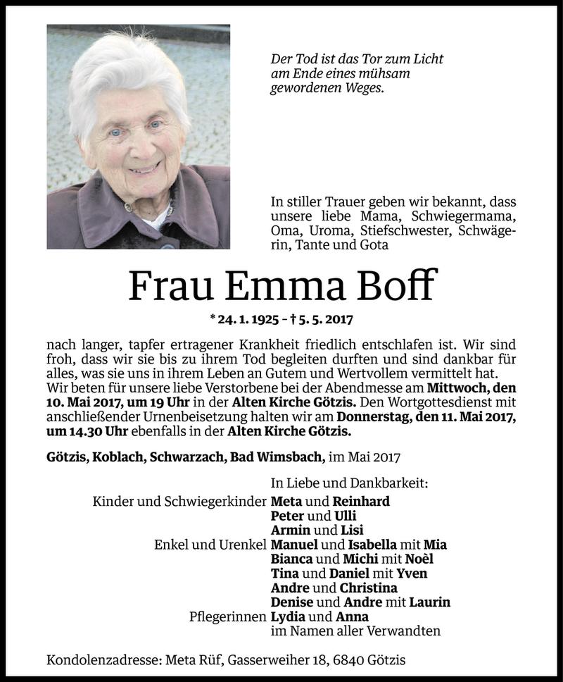  Todesanzeige für Emma Boff vom 08.05.2017 aus Vorarlberger Nachrichten
