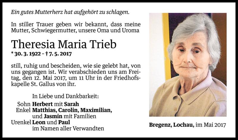  Todesanzeige für Theresia Maria Trieb vom 08.05.2017 aus Vorarlberger Nachrichten