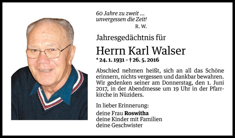  Todesanzeige für Karl Walser vom 26.05.2017 aus Vorarlberger Nachrichten