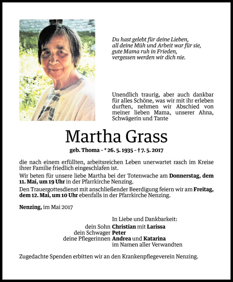  Todesanzeige für Martha Grass vom 10.05.2017 aus Vorarlberger Nachrichten