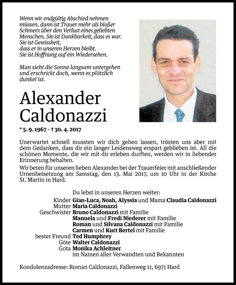  Todesanzeige für Alexander Caldonazzi vom 09.05.2017 aus Vorarlberger Nachrichten